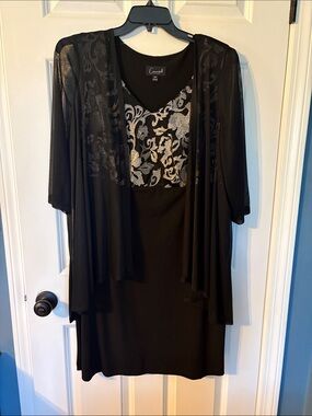 Connected Apparel Black Dress with Silver Floral Bodice and Sheer Overlay